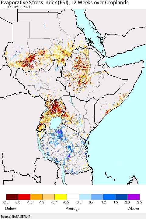 Eastern Africa Evaporative Stress Index (ESI), 12-Weeks over Croplands Thematic Map For 10/2/2023 - 10/8/2023