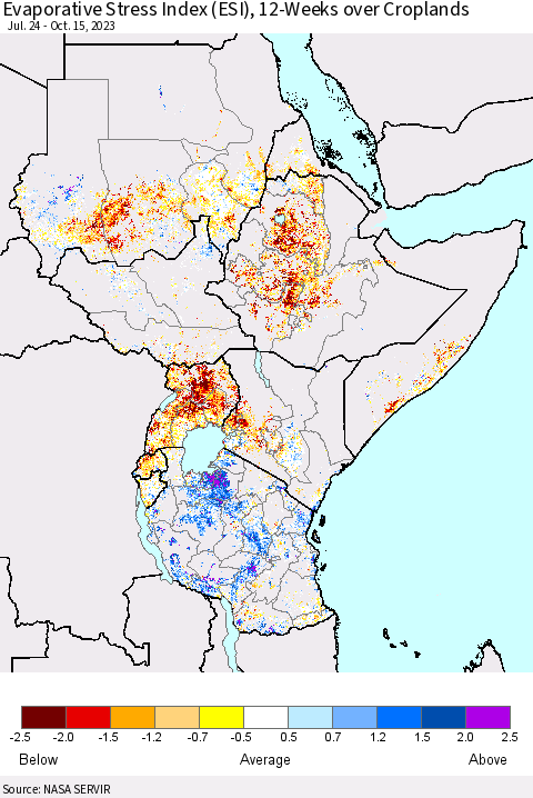 Eastern Africa Evaporative Stress Index (ESI), 12-Weeks over Croplands Thematic Map For 10/9/2023 - 10/15/2023