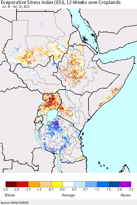 Eastern Africa Evaporative Stress Index (ESI), 12-Weeks over Croplands Thematic Map For 10/16/2023 - 10/22/2023