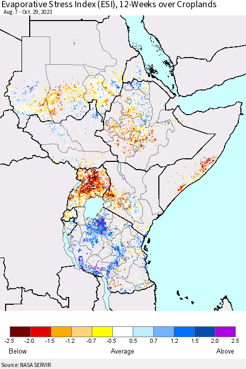 Eastern Africa Evaporative Stress Index (ESI), 12-Weeks over Croplands Thematic Map For 10/23/2023 - 10/29/2023