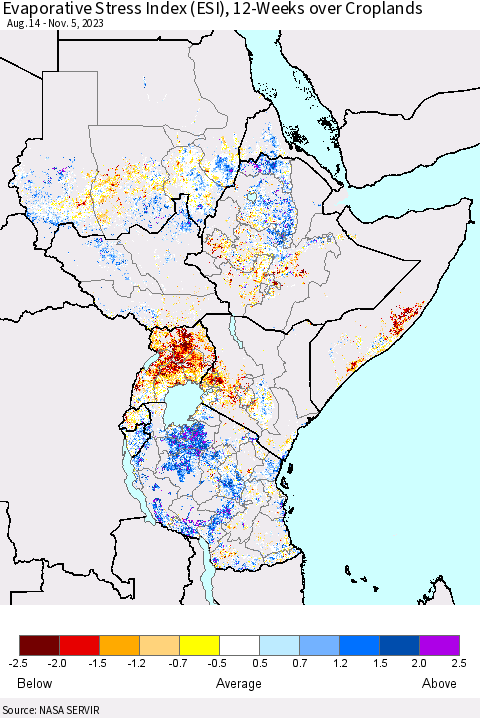 Eastern Africa Evaporative Stress Index (ESI), 12-Weeks over Croplands Thematic Map For 10/30/2023 - 11/5/2023