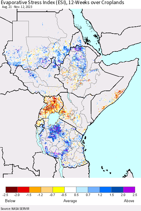 Eastern Africa Evaporative Stress Index (ESI), 12-Weeks over Croplands Thematic Map For 11/6/2023 - 11/12/2023