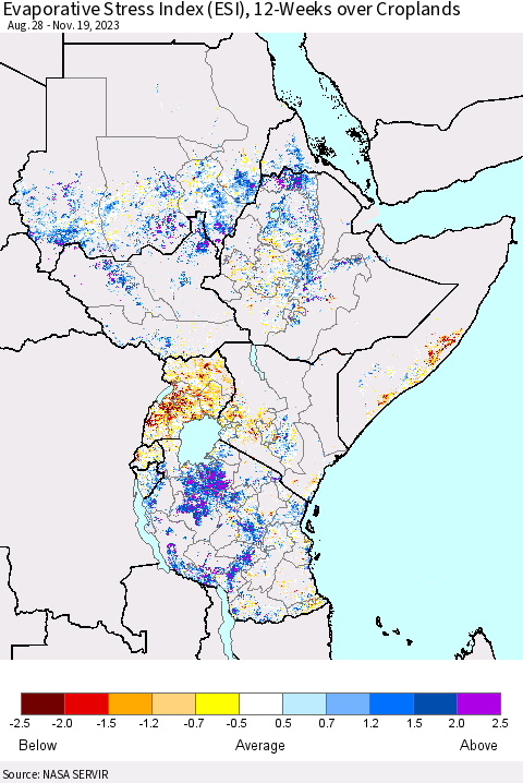 Eastern Africa Evaporative Stress Index (ESI), 12-Weeks over Croplands Thematic Map For 11/13/2023 - 11/19/2023