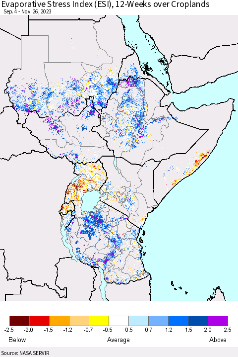 Eastern Africa Evaporative Stress Index (ESI), 12-Weeks over Croplands Thematic Map For 11/20/2023 - 11/26/2023