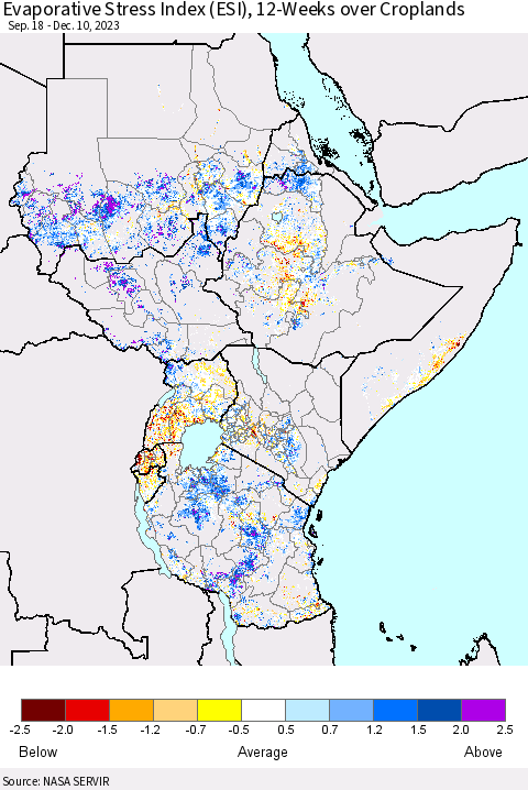 Eastern Africa Evaporative Stress Index (ESI), 12-Weeks over Croplands Thematic Map For 12/4/2023 - 12/10/2023