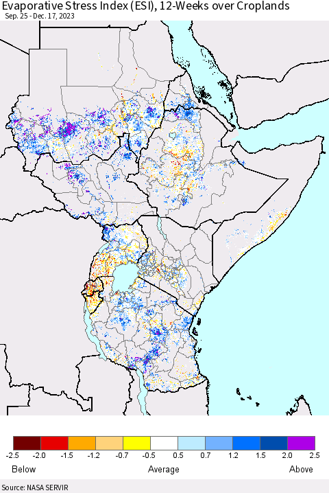 Eastern Africa Evaporative Stress Index (ESI), 12-Weeks over Croplands Thematic Map For 12/11/2023 - 12/17/2023