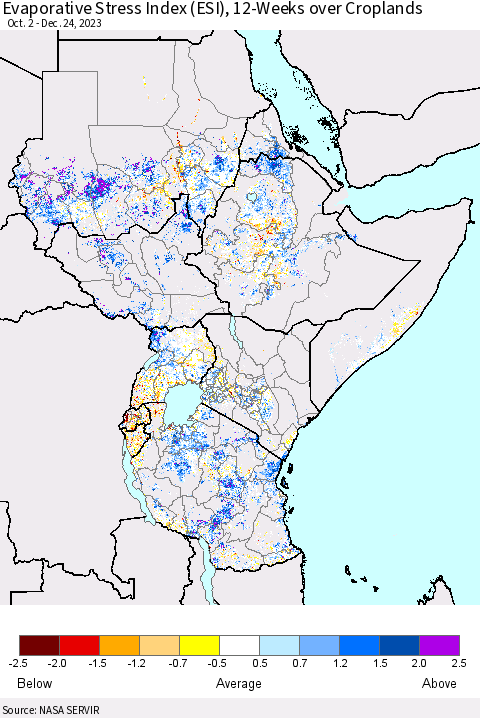 Eastern Africa Evaporative Stress Index (ESI), 12-Weeks over Croplands Thematic Map For 12/18/2023 - 12/24/2023