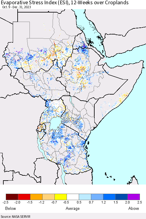 Eastern Africa Evaporative Stress Index (ESI), 12-Weeks over Croplands Thematic Map For 12/25/2023 - 12/31/2023
