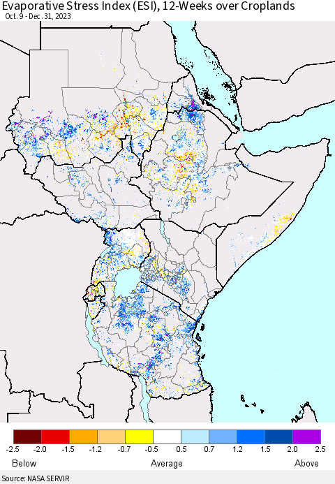 Eastern Africa Evaporative Stress Index (ESI), 12-Weeks over Croplands Thematic Map For 1/1/2024 - 1/7/2024