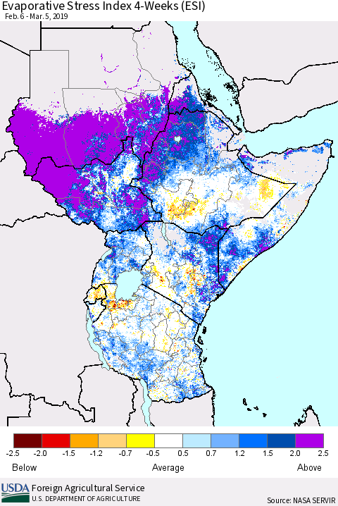 Eastern Africa Evaporative Stress Index (ESI), 4-Weeks Thematic Map For 3/4/2019 - 3/10/2019
