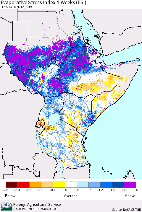 Eastern Africa Evaporative Stress Index (ESI), 4-Weeks Thematic Map For 3/11/2019 - 3/17/2019