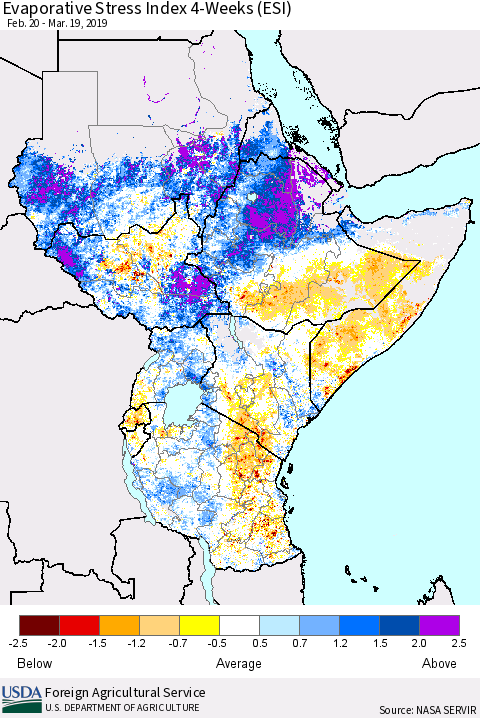 Eastern Africa Evaporative Stress Index (ESI), 4-Weeks Thematic Map For 3/18/2019 - 3/24/2019