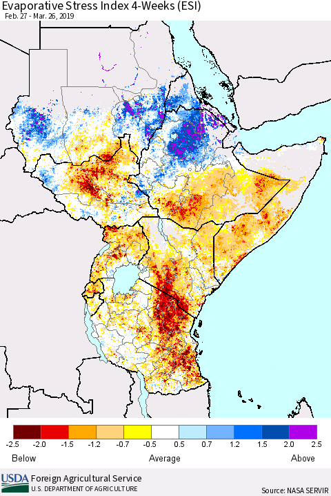 Eastern Africa Evaporative Stress Index (ESI), 4-Weeks Thematic Map For 3/25/2019 - 3/31/2019