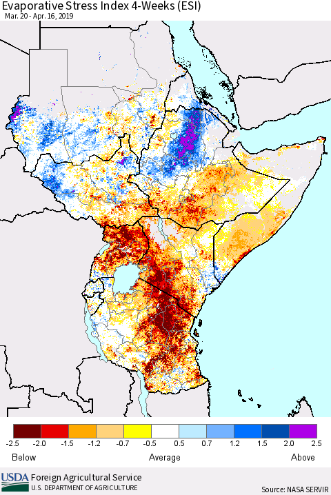 Eastern Africa Evaporative Stress Index (ESI), 4-Weeks Thematic Map For 4/15/2019 - 4/21/2019