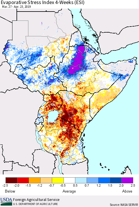 Eastern Africa Evaporative Stress Index (ESI), 4-Weeks Thematic Map For 4/22/2019 - 4/28/2019