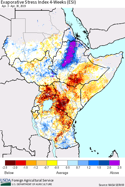 Eastern Africa Evaporative Stress Index (ESI), 4-Weeks Thematic Map For 4/29/2019 - 5/5/2019