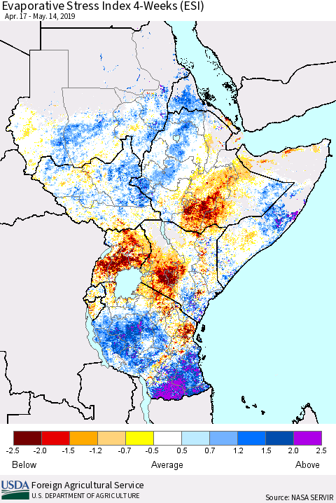 Eastern Africa Evaporative Stress Index (ESI), 4-Weeks Thematic Map For 5/13/2019 - 5/19/2019