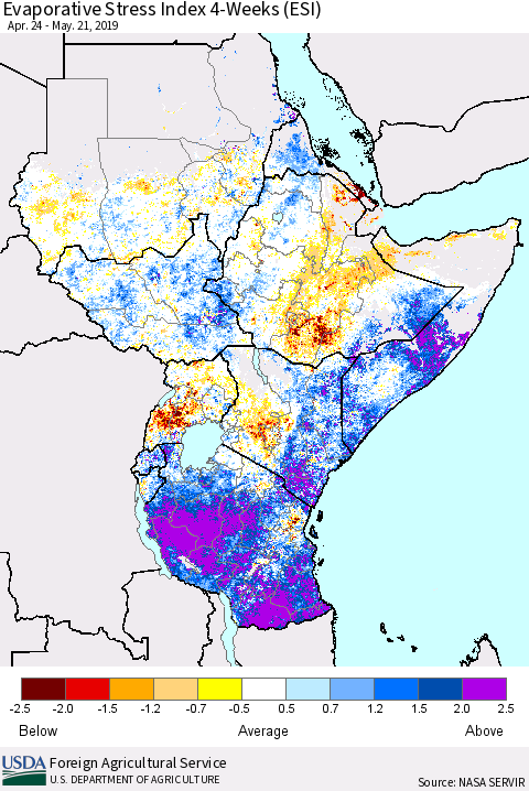 Eastern Africa Evaporative Stress Index (ESI), 4-Weeks Thematic Map For 5/20/2019 - 5/26/2019