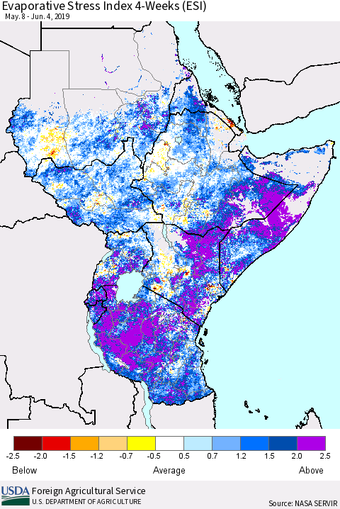 Eastern Africa Evaporative Stress Index (ESI), 4-Weeks Thematic Map For 6/3/2019 - 6/9/2019