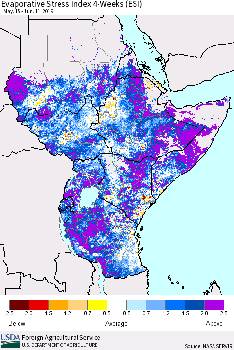 Eastern Africa Evaporative Stress Index (ESI), 4-Weeks Thematic Map For 6/10/2019 - 6/16/2019