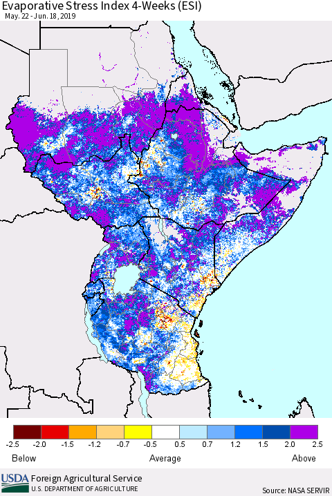 Eastern Africa Evaporative Stress Index (ESI), 4-Weeks Thematic Map For 6/17/2019 - 6/23/2019