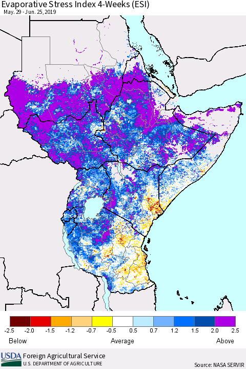 Eastern Africa Evaporative Stress Index (ESI), 4-Weeks Thematic Map For 6/24/2019 - 6/30/2019