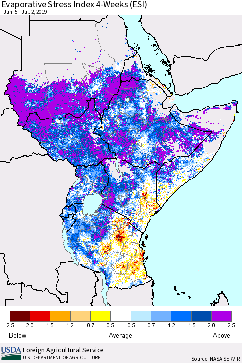 Eastern Africa Evaporative Stress Index (ESI), 4-Weeks Thematic Map For 7/1/2019 - 7/7/2019