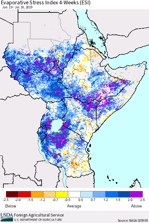 Eastern Africa Evaporative Stress Index (ESI), 4-Weeks Thematic Map For 7/15/2019 - 7/21/2019