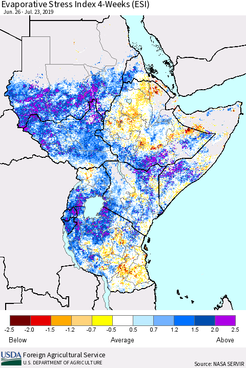 Eastern Africa Evaporative Stress Index (ESI), 4-Weeks Thematic Map For 7/22/2019 - 7/28/2019