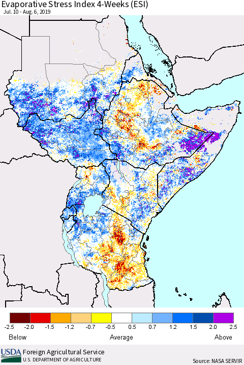 Eastern Africa Evaporative Stress Index (ESI), 4-Weeks Thematic Map For 8/5/2019 - 8/11/2019