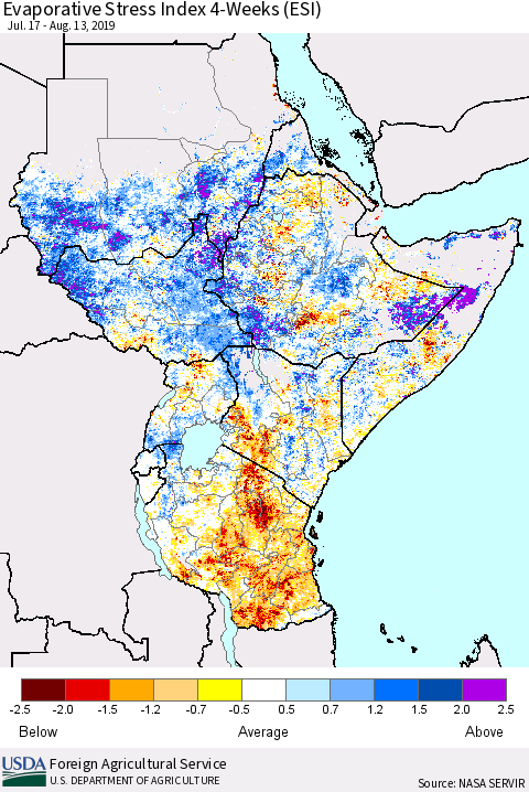 Eastern Africa Evaporative Stress Index (ESI), 4-Weeks Thematic Map For 8/12/2019 - 8/18/2019