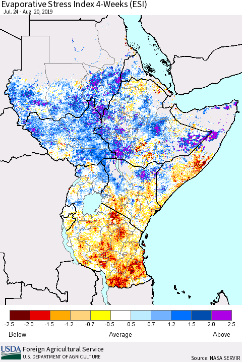 Eastern Africa Evaporative Stress Index (ESI), 4-Weeks Thematic Map For 8/19/2019 - 8/25/2019
