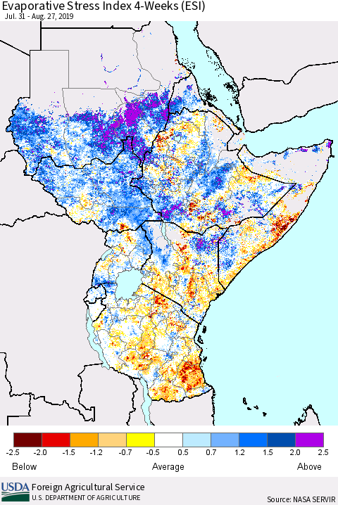 Eastern Africa Evaporative Stress Index (ESI), 4-Weeks Thematic Map For 8/26/2019 - 9/1/2019