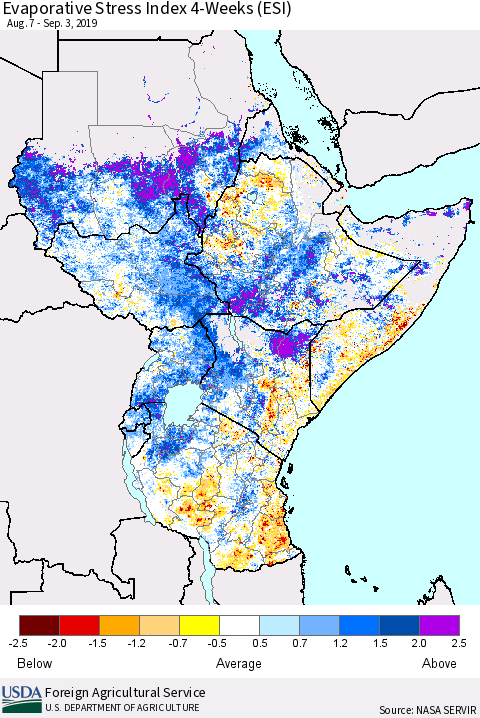 Eastern Africa Evaporative Stress Index (ESI), 4-Weeks Thematic Map For 9/2/2019 - 9/8/2019