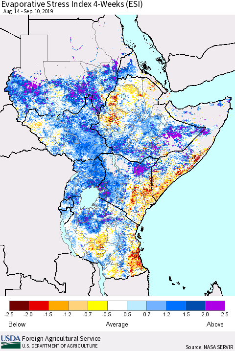 Eastern Africa Evaporative Stress Index (ESI), 4-Weeks Thematic Map For 9/9/2019 - 9/15/2019