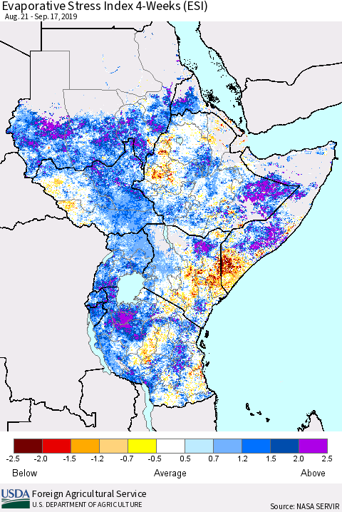 Eastern Africa Evaporative Stress Index (ESI), 4-Weeks Thematic Map For 9/16/2019 - 9/22/2019