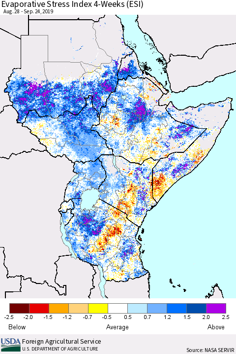 Eastern Africa Evaporative Stress Index (ESI), 4-Weeks Thematic Map For 9/23/2019 - 9/29/2019