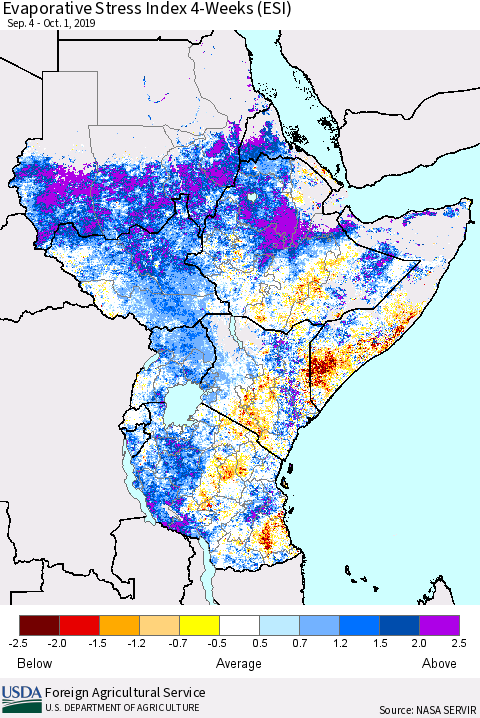 Eastern Africa Evaporative Stress Index (ESI), 4-Weeks Thematic Map For 9/30/2019 - 10/6/2019