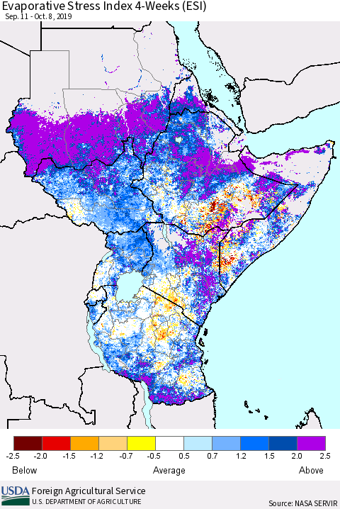Eastern Africa Evaporative Stress Index (ESI), 4-Weeks Thematic Map For 10/7/2019 - 10/13/2019