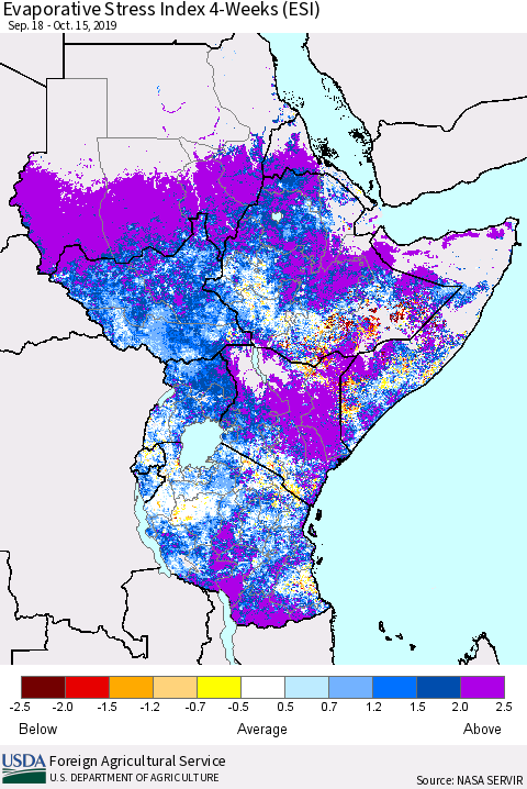 Eastern Africa Evaporative Stress Index (ESI), 4-Weeks Thematic Map For 10/14/2019 - 10/20/2019