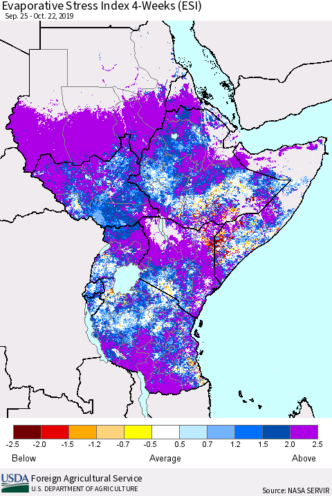 Eastern Africa Evaporative Stress Index (ESI), 4-Weeks Thematic Map For 10/21/2019 - 10/27/2019