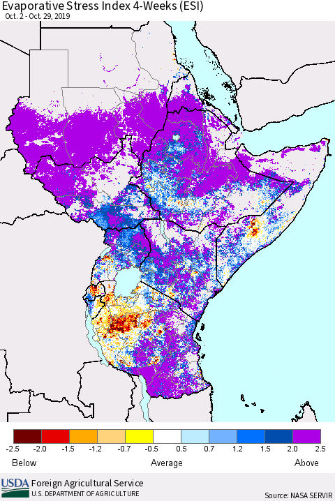 Eastern Africa Evaporative Stress Index (ESI), 4-Weeks Thematic Map For 10/28/2019 - 11/3/2019