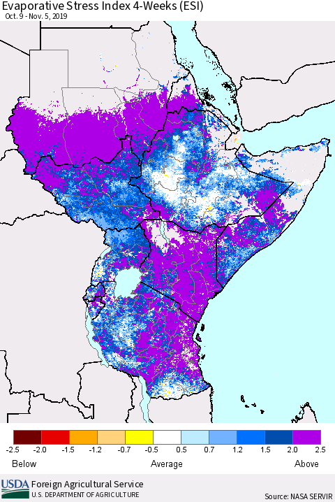 Eastern Africa Evaporative Stress Index (ESI), 4-Weeks Thematic Map For 11/4/2019 - 11/10/2019