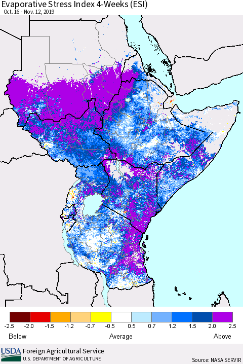 Eastern Africa Evaporative Stress Index (ESI), 4-Weeks Thematic Map For 11/11/2019 - 11/17/2019