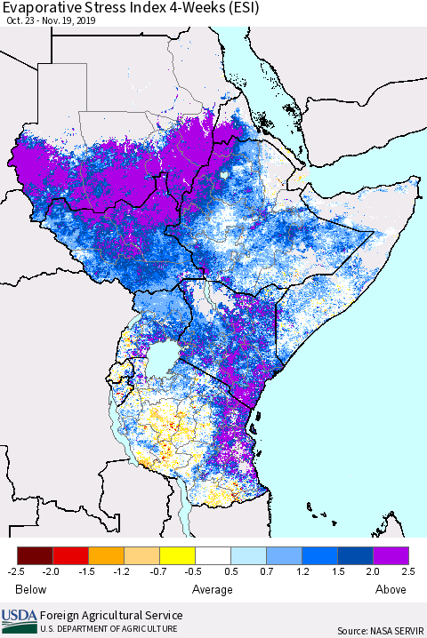 Eastern Africa Evaporative Stress Index (ESI), 4-Weeks Thematic Map For 11/18/2019 - 11/24/2019