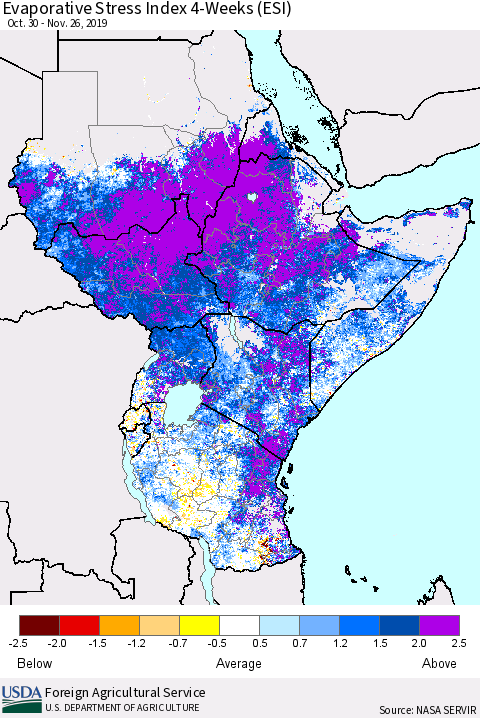 Eastern Africa Evaporative Stress Index (ESI), 4-Weeks Thematic Map For 11/25/2019 - 12/1/2019