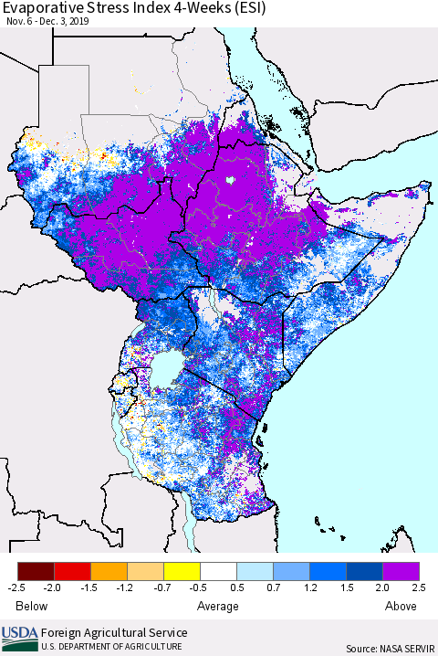 Eastern Africa Evaporative Stress Index (ESI), 4-Weeks Thematic Map For 12/2/2019 - 12/8/2019