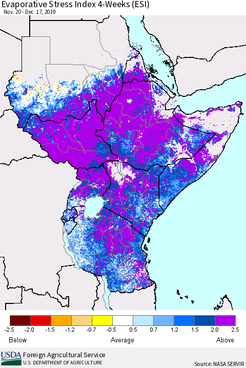 Eastern Africa Evaporative Stress Index (ESI), 4-Weeks Thematic Map For 12/16/2019 - 12/22/2019