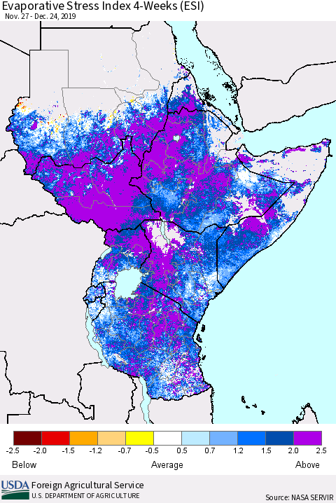 Eastern Africa Evaporative Stress Index (ESI), 4-Weeks Thematic Map For 12/23/2019 - 12/29/2019