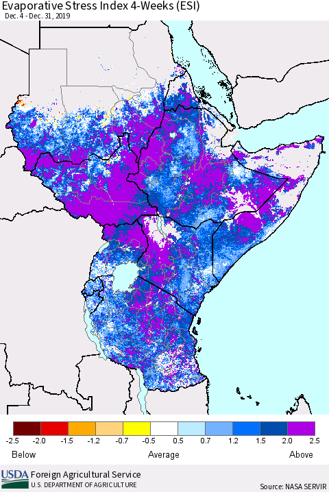 Eastern Africa Evaporative Stress Index (ESI), 4-Weeks Thematic Map For 12/30/2019 - 1/5/2020